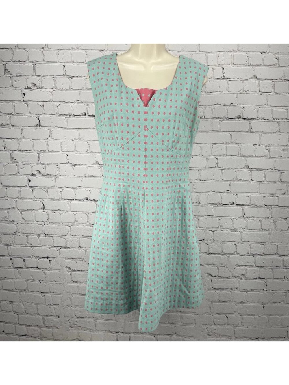 J Peterman Blue Pink Polka Dot 100% Cotton A Line Sleeveless Zipped Dress Size 6